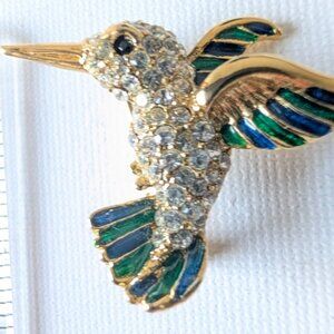Vintage Rhinestone & Enamel Hummingbird Brooch - Blue & Green
